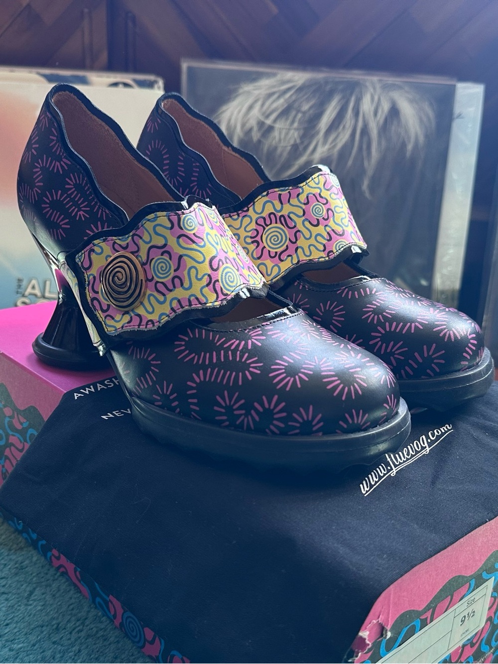 Fluevog NEW IN BOX Mini Wiggle Zaza black/pink wide-strap retro heel-9.5 (fit 10